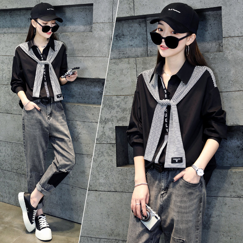 款春秋装衬衫女长袖设计感小众披肩式假两件衬衣时尚上衣