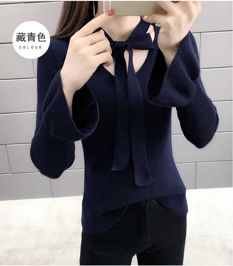 Đầu xuân phụ nữ in nơ tay áo mùa xuân 2019 mới mỏng đan đáy áo len nữ - Áo len cổ chữ V áo len cổ tim