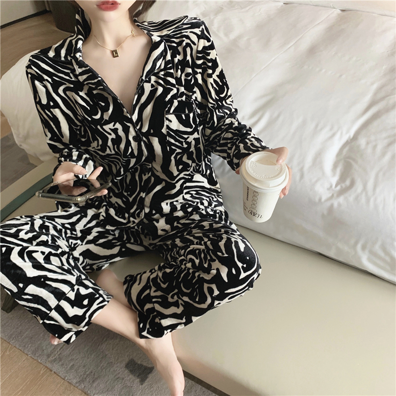 Autumn and winter loose Korean long sleeve cardigan top casual velvet zebra pattern trousers home clothes two piece set women