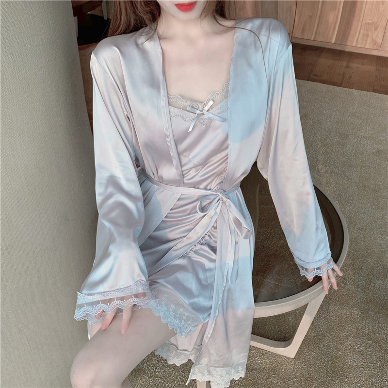 VIRRI CIAGA pajamas women's thin Spring and Autumn Silk sexy suspenders long robes can be worn outside suit