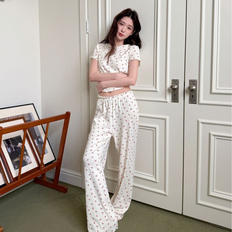 Women's Pajamas Spring and Summer All-Cotton Simple Sexy Skims Kardashian Print Ruffled Short-Sleeve Long Pants Casual Comfortable Women's Pajamas Spring and Summer All-Cotton Simple Sexy Skims Kardashian Print Ruffled Short-Sleeve Long Pants Casual Comfortable