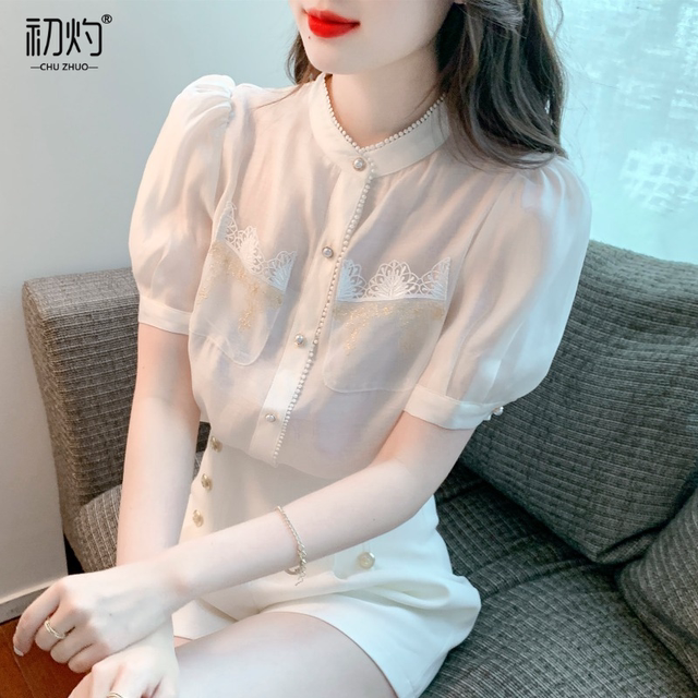 High-end embroidered pocket chiffon shirt women's summer 2022 new high-end foreign style stand-up collar puff sleeve top