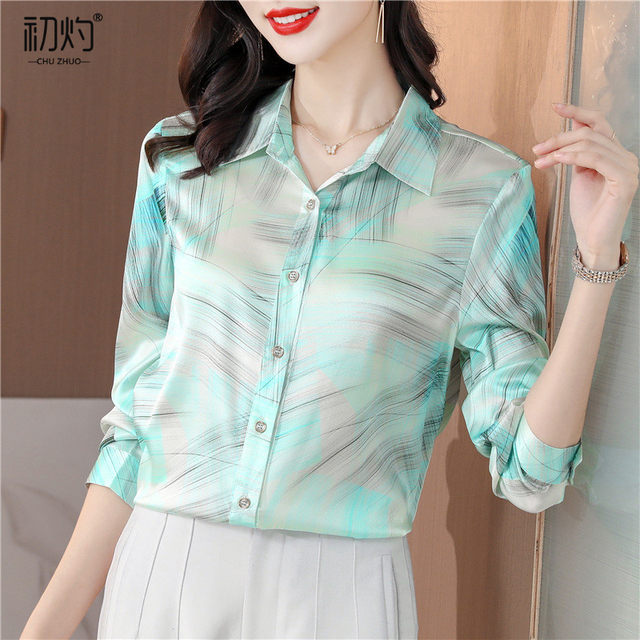 Green satin short silk shirt women's 2022 autumn new temperament high-end Hangzhou acetate mulberry silk top