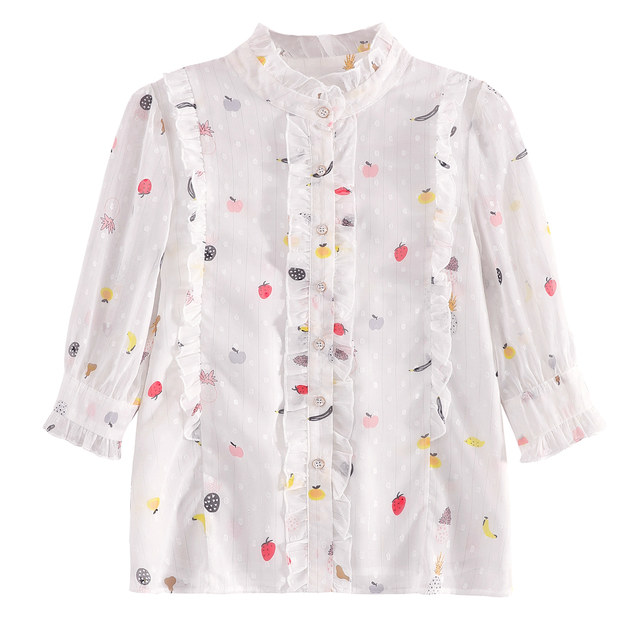 Sweet floral chiffon shirt women's temperament age-reducing fungus edge stitching stand-up collar three-quarter sleeve top 2022 summer new