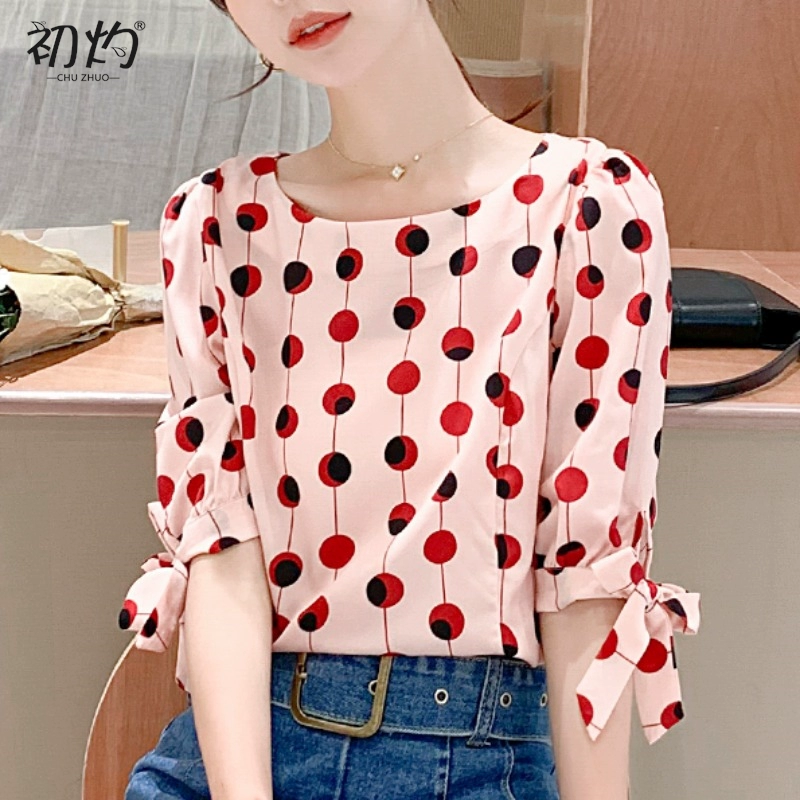 Áo sơ mi nữ chấm bi tay áo dài chấm bi che bụng voan 2020 New Western Fairy Top Super Fairy Summer - Áo sơ mi chiffon ren