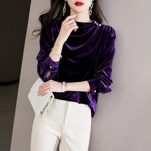 French retro half-high collar golden velvet purple shirt women's autumn and winter new high-end sense of celebrity temperament long-sleeved top