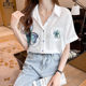 White printed chiffon shirt women's 2022 summer new fashion loose short-sleeved top temperament polo collar shirt