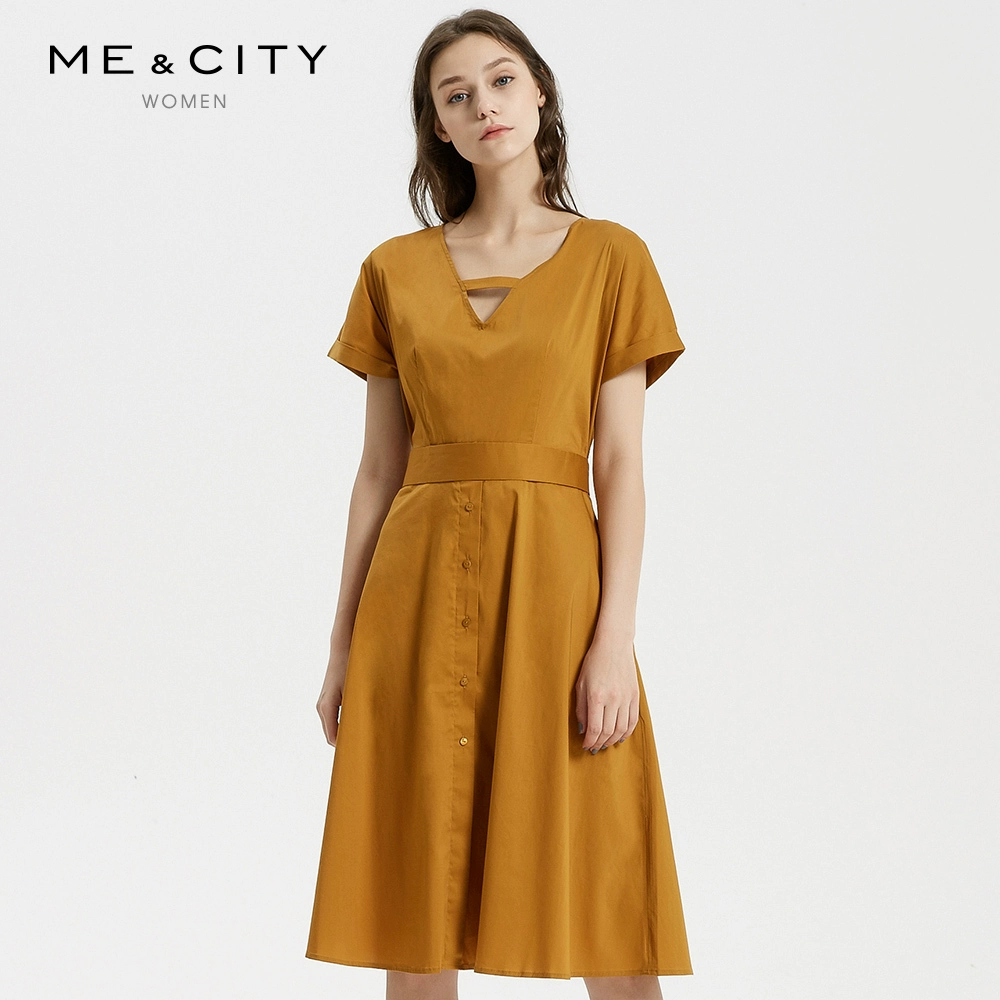 MECITY phụ nữ mùa hè Pháp đơn giản và thanh lịch khí chất đầm ren eo cổ v ngắn tay - váy đầm