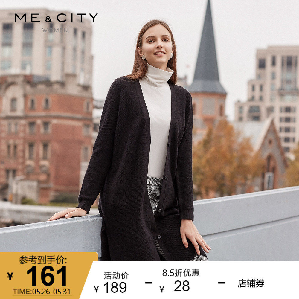 MECITY Women Dress Autumn Winter Elegance Medium Long Version Minimalist Fashion V Collar Knit Cardiovert Jacket 525609