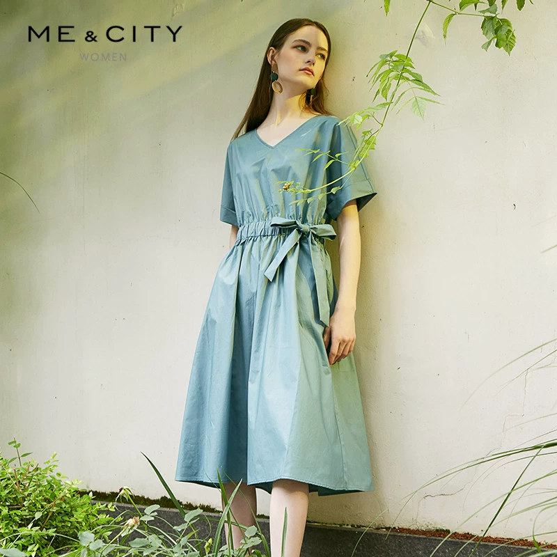 Bông tinh khiết MECITY của phụ nữ áo dài cổ chữ V thân thiện với làn da tính khí retro nhẹ nhàng trưởng thành phong cách váy chuông hoa - váy đầm