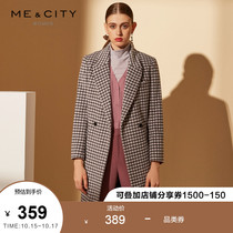 Pure wool MECITY womens vintage single row double buckle light ripe black and white grid long blazer coat coat women