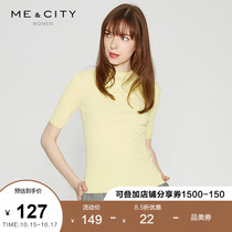 MECITY womens solid color fashion simple temperament slim half high collar design short sleeve knitted T-shirt