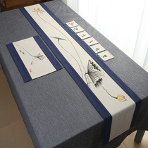 New table flag custom hand-painted cotton linen mat tea table long fabric simple retro tea mat Zen Chinese style