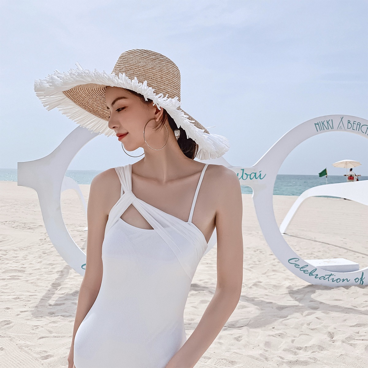 Women's Body Triangle Swimsuit Bikini Holiday Seaside Seaside Sexy Harness Conservative Little Chest Conservative Open-shoulder Shade White