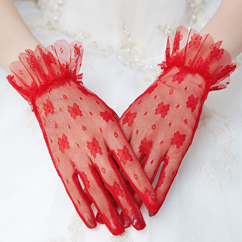 Bride Gloves Wedding Lace Han Style Wedding Dress Gloves White Red Short Version Evening Gown Toast and Gloves Champagne