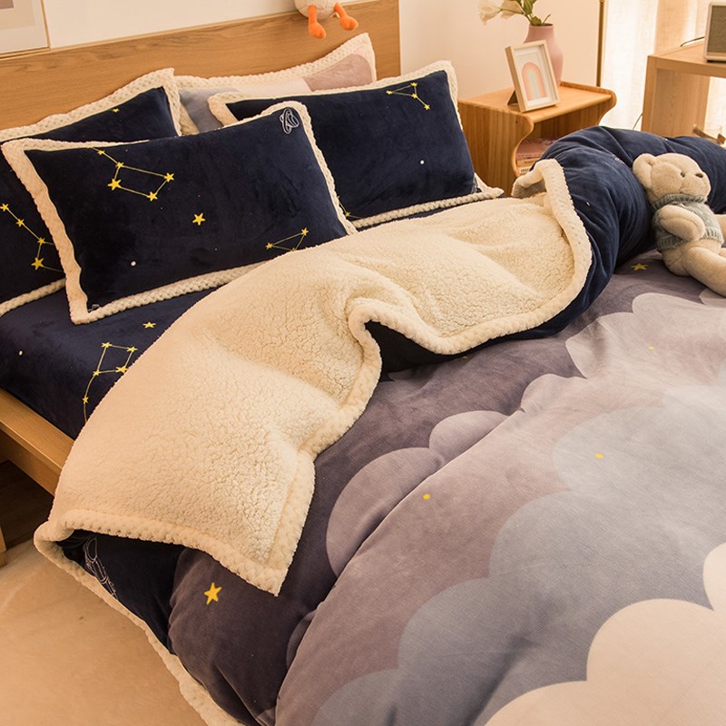 Milk Lamb Fleet Four-piece Coral Falevelt Cover by Single Winter Thickening Flag Bedfolder