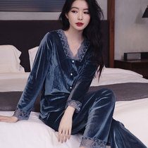 Sleepwear Womens Spring Autumn Season 2022 New Internet Red Pops Long Sleeves Big Code Two Suits Autumn Winter Gold Velvet Household Clothes