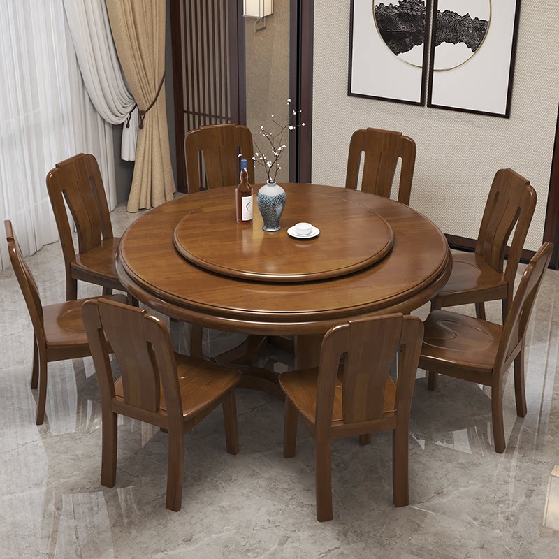 Solid wood dining table with turntable home 10 people round dining table Chinese dining table and chair combination oak large round table 1 8 meters