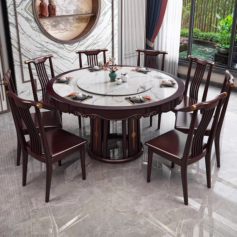 New Chinese style solid wood rock board dining table and chair combination modern minimalist hotel large round table 2 meters with turntable 12 people dining table
