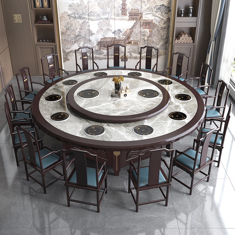New Chinese-style hotel dining table electric large round table 2 8 meters round solid wood rock board dining table and chair combination box dining table