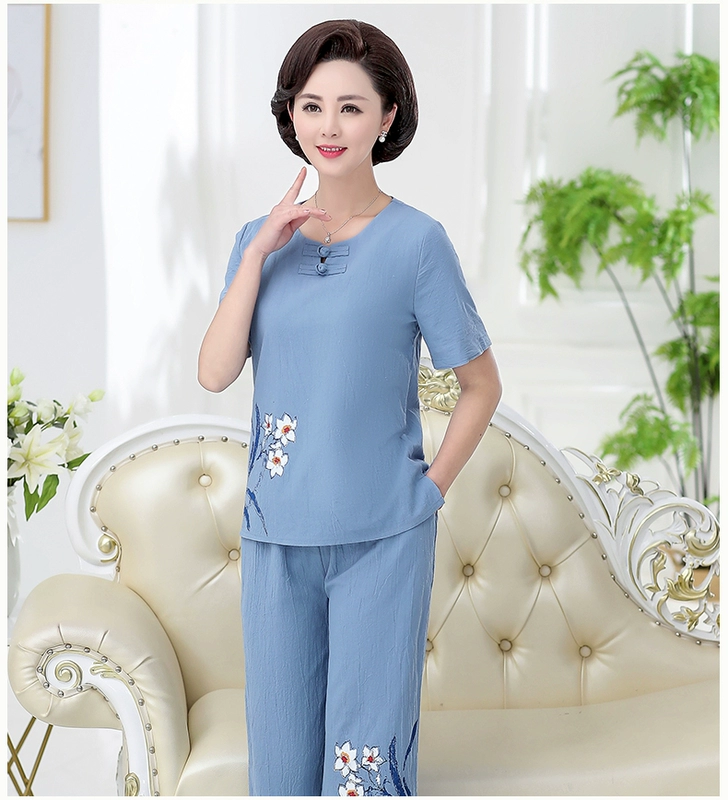 Bộ đồ mùa hè cho mẹ 40 tuổi 50 phụ nữ trung niên cotton ngắn tay và vải lanh hai mảnh cỡ lớn quần áo mùa hè mới - Quần áo của mẹ