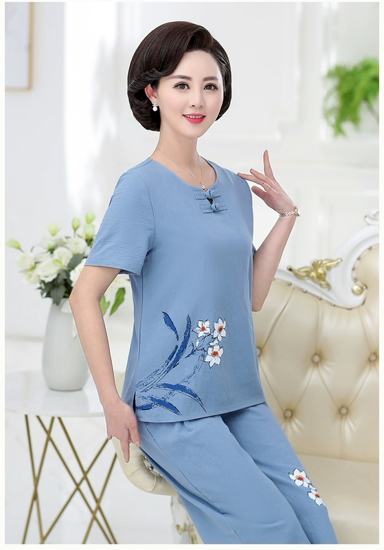 Bộ đồ mùa hè cho mẹ 40 tuổi 50 phụ nữ trung niên cotton ngắn tay và vải lanh hai mảnh cỡ lớn quần áo mùa hè mới - Quần áo của mẹ áo khoác nữ trung niên