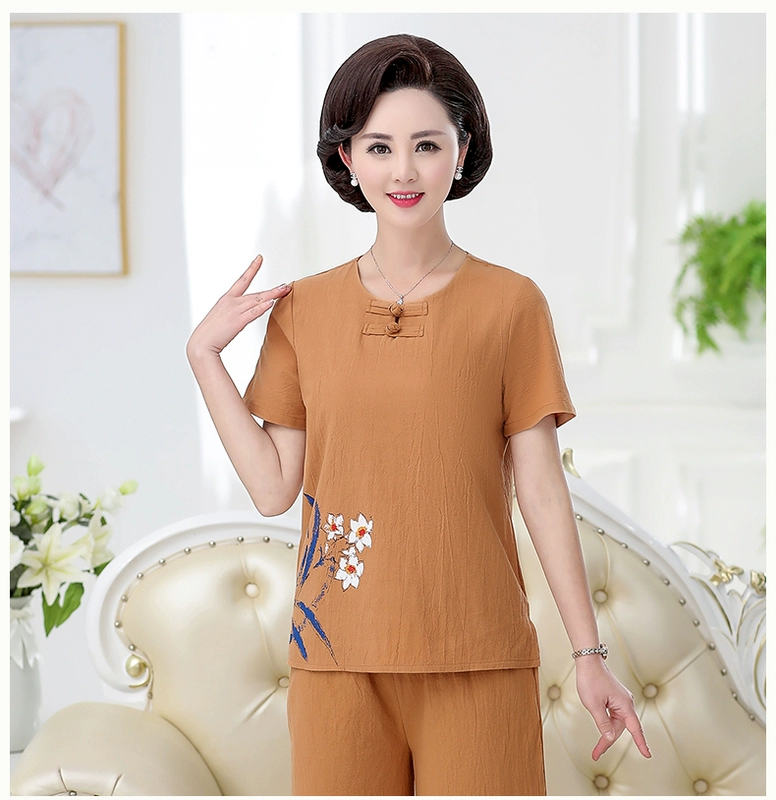 Bộ đồ mùa hè cho mẹ 40 tuổi 50 phụ nữ trung niên cotton ngắn tay và vải lanh hai mảnh cỡ lớn quần áo mùa hè mới - Quần áo của mẹ