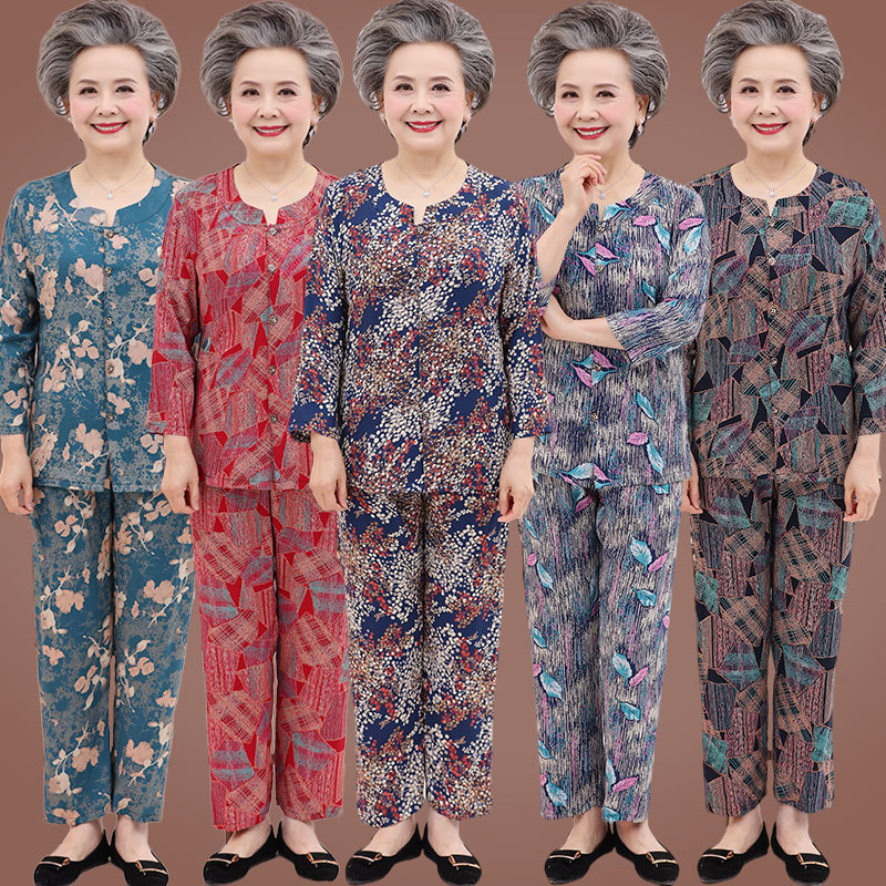 Grandma's Autumn Long-Sleeved Suit, Middle-Aged and Elderly Cotton Silk T-Shirt, Mother's 60-70 Year Old Autumn Shirt Clothes for Women