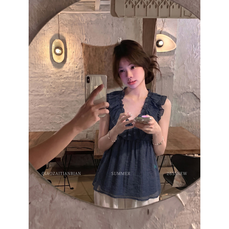 Bridge in the Sky French-Style Sweet Ruffled Sleeve Blouse for Women, Summer Textured Loose Fit, Slimming Top