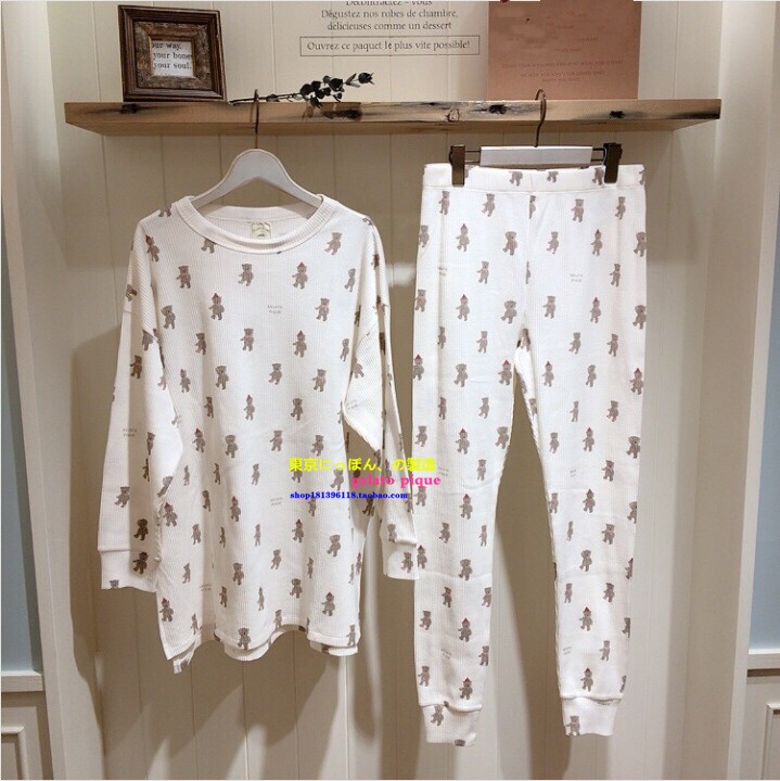 Authentic You Gelato Pique Spring and Autumn Cartoon Bear Pajamas Women's Long-Sleeved Waffle Home Wear Set Gp