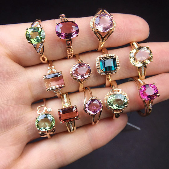 Natural Brazilian red, blue and green rainbow tourmaline ring female 18K gold rose gold inlaid fashion personalized index finger gem