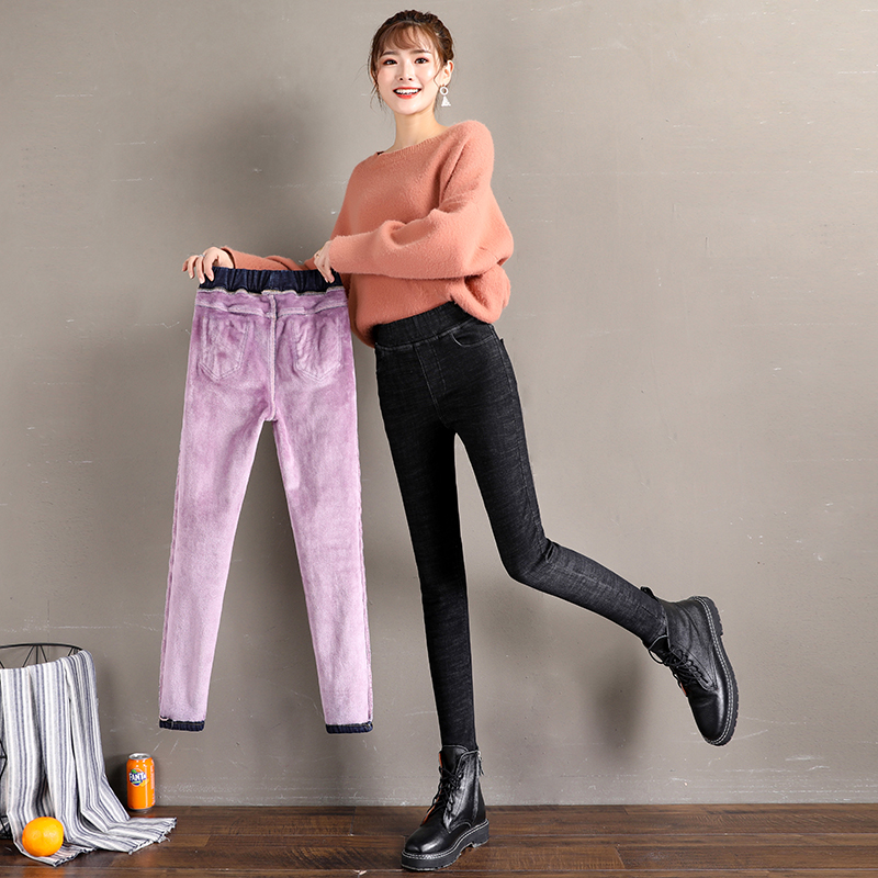 High Waist Plus Suede Jeans Woman Winter Thickening Korean version Conspico Slim Fit Slim with suede slim fit slim fit tightness waist trousers-Taobao