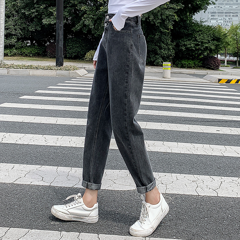 High waist jeans women's loose 2019 autumn net red nine points slim elastic waist straight tube daddy pants harem pants