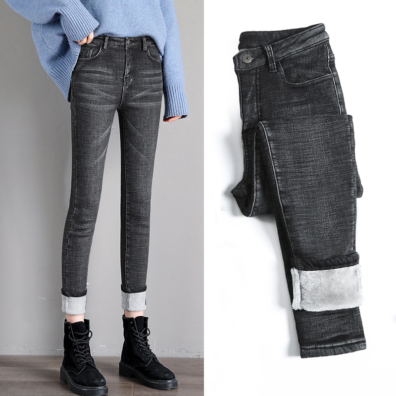 Plus-down jeans women's 2019 new high-waisted Korean version of winter thin plus thick feet to keep warm outside wearing pants women's winter