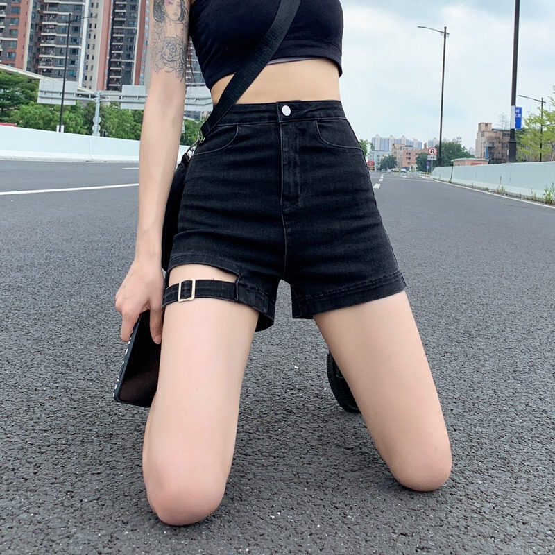 Black High-Waisted Biker Denim Shorts for Women, Summer Trendy Stretchy A-Line Tight American-Style Sexy Hot Pants for Outerwear