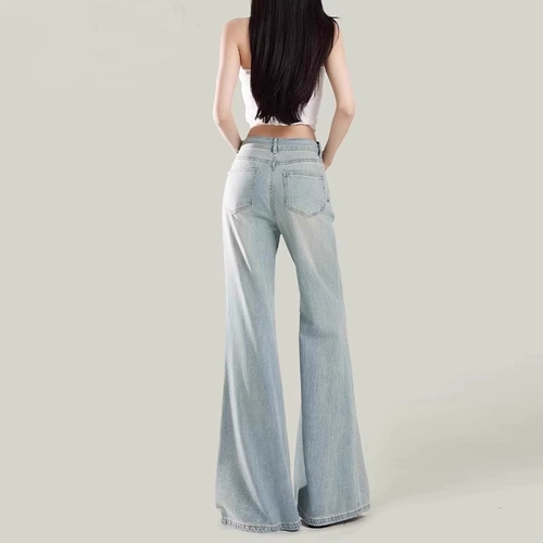 Синие летние джинсы, штаны, штаны-клёш, высокая талия, свободный крой