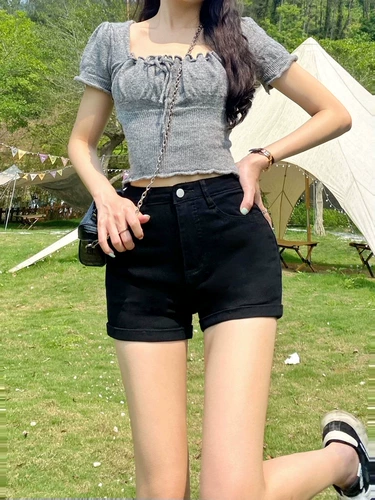 Летние эластичные черные джинсы, сексуальные штаны, высокая талия, облегающий крой