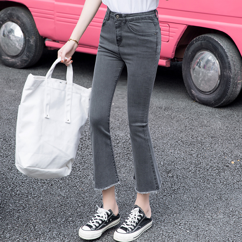 Tobacco Grey Broadlegged Jeans Lady Spring Autumn 2021 New lean students High waist elastic microtrumpeter 90% Pants Tide