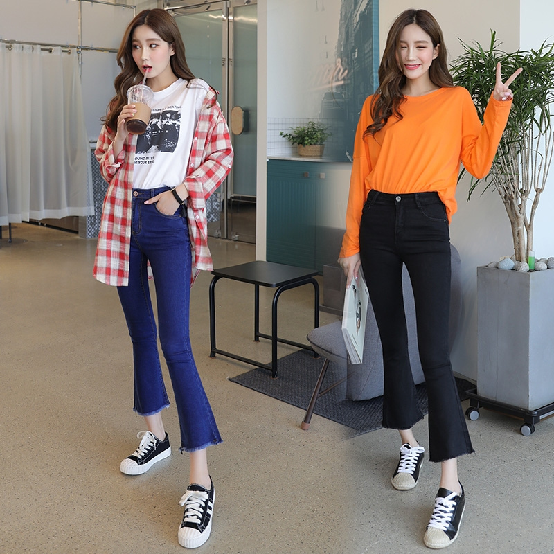 Korean version with high waist chic jeans Women's spring 2022 new horn pants Slim First Love 90% Pants Wide Leg Micro Horn Pants