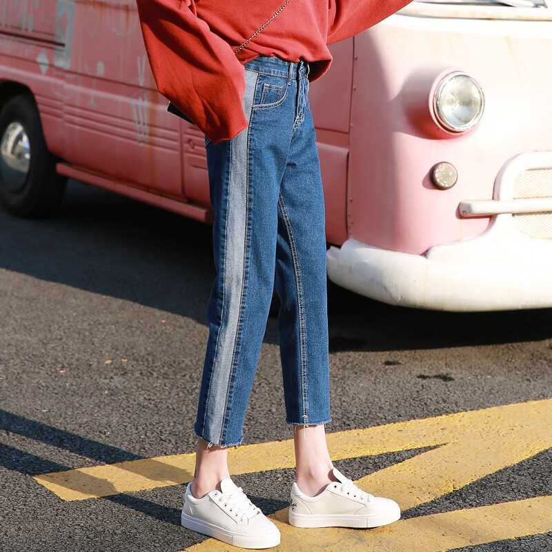 chic high-waisted jeans women's loose spring 2021 new students Joker vintage nine straight Harren pants