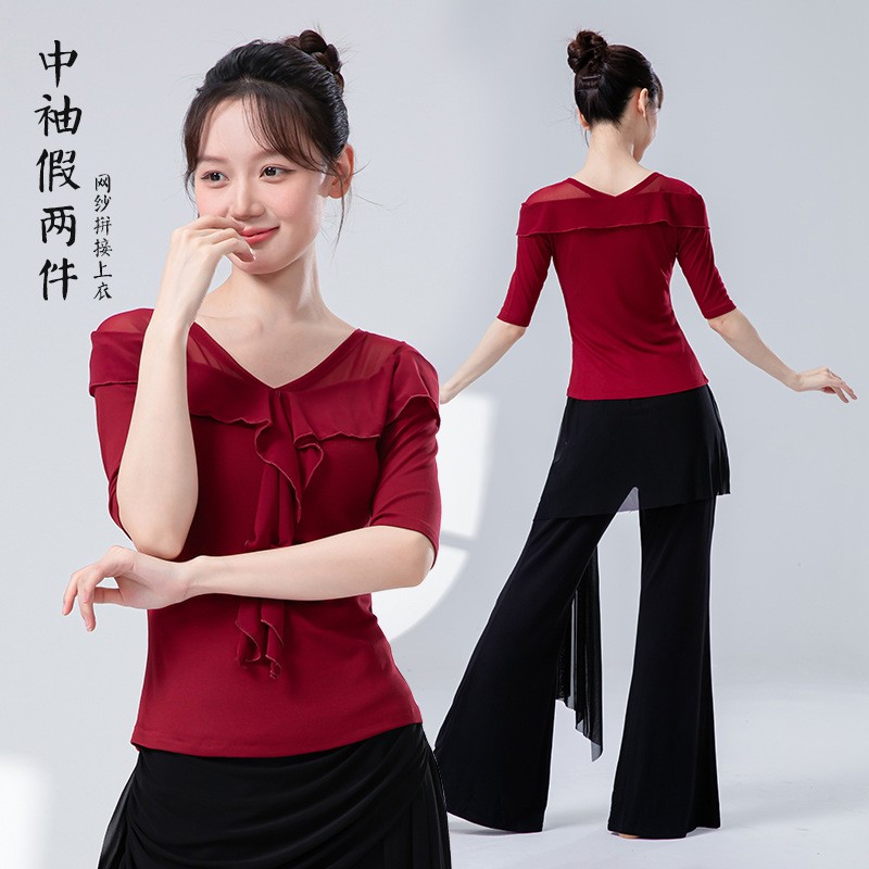古典舞蹈服女中袖假两件拼接网纱上衣，飘逸显瘦又仙气？真能穿出舞台感！