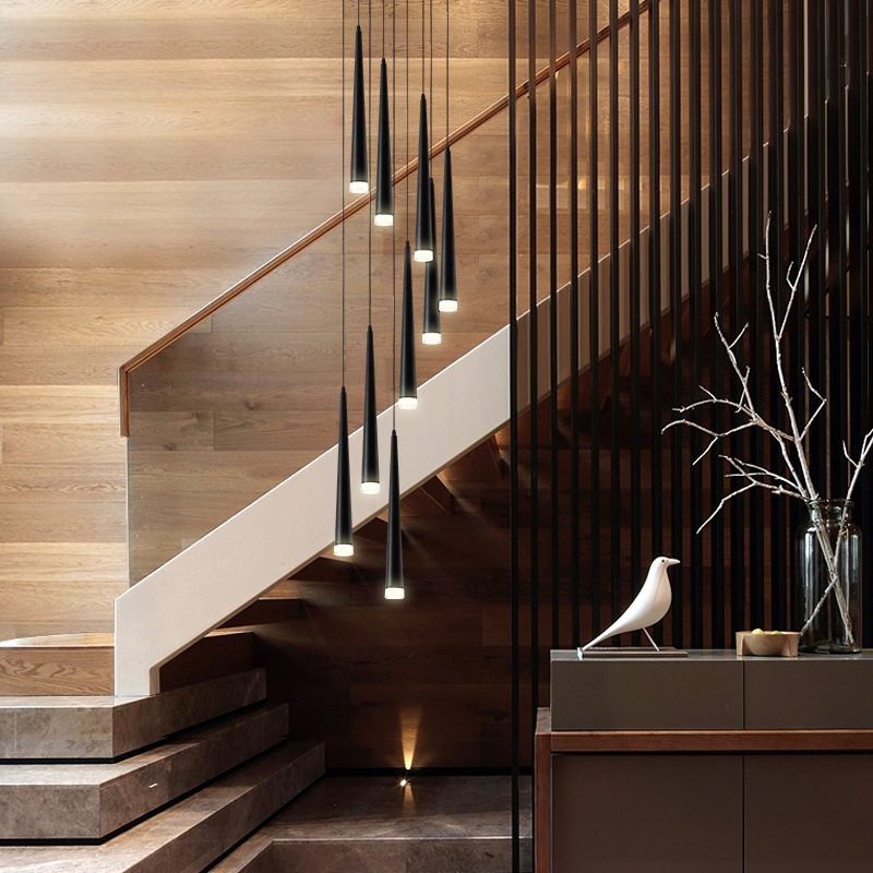 Simple modern staircase long tube chandelier Nordic creative cone led duplex floor rotating long chandelier villa living room