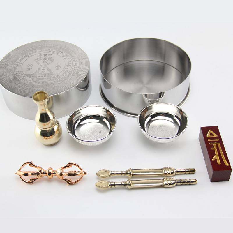 Bo Nengtang Buddha supplies flame mouth dharma instrument 7 inch silver hamanda basin water and land dharma supplies manza plate