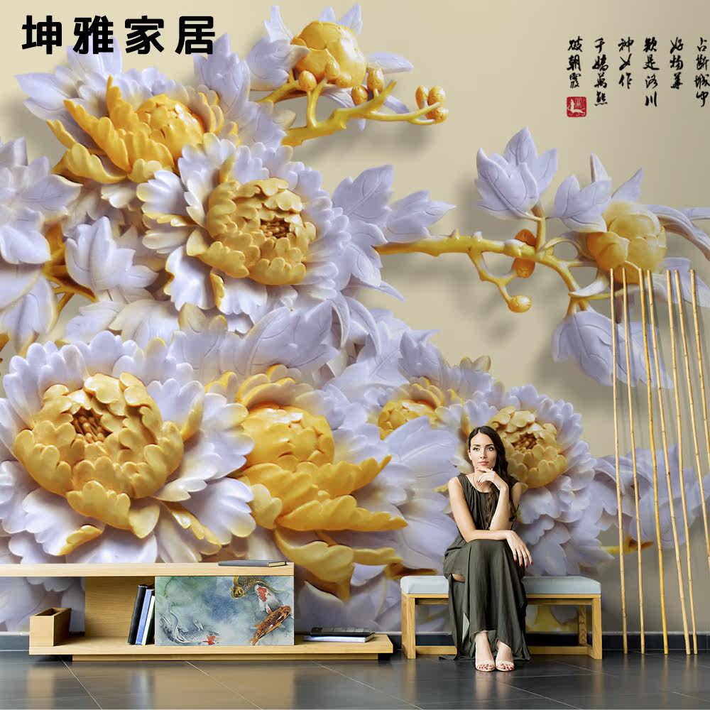 Bamboo and wood fiber integrated wall panel Chinese retro embossed peony TV background wall panel living room decorative panel wall panel
