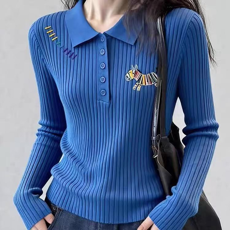 Authentic New 2026 Autumn/Winter Klein Blue Small Horse Embroidery Wool Knit Sweater Slim-Fit Base Sweater