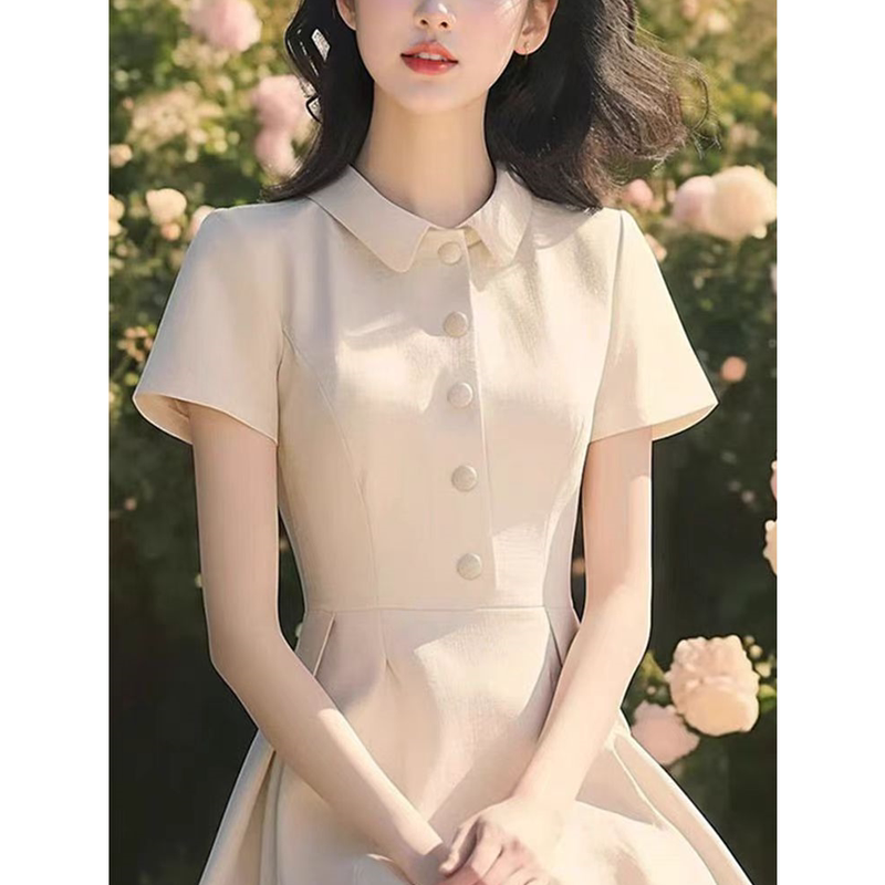 Authentic Gejia New 2026 Summer High-End Elegant Chanel-Style Off-White Waist-Cinching Lapel Mid-Length Dress