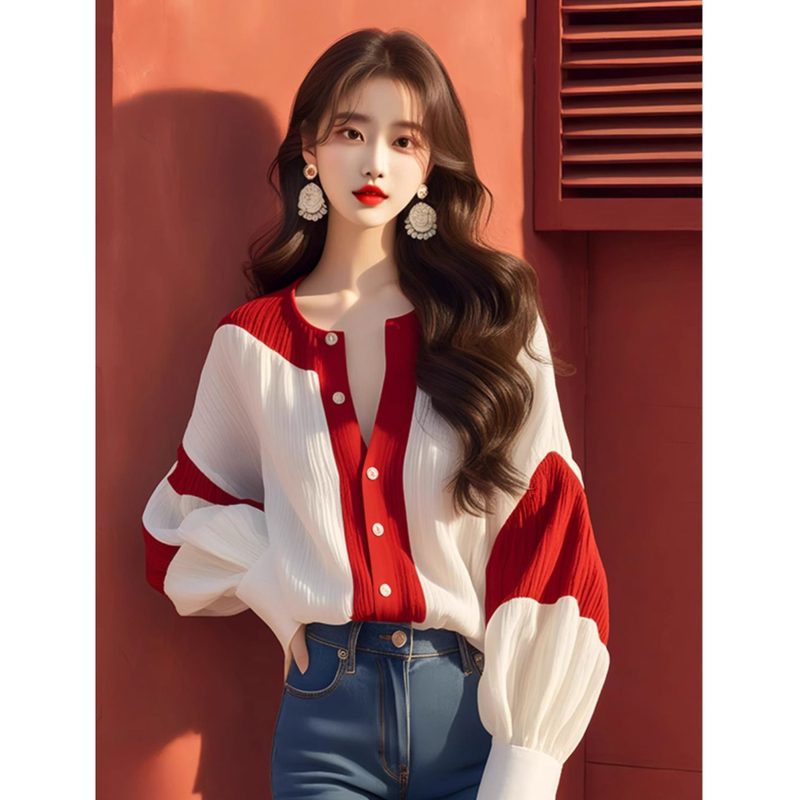 Authentic Gejia New 2026 Spring and Autumn French-Style Red and White Color-Blocked Lantern Sleeve Shirt Loose Chiffon Blouse for Women