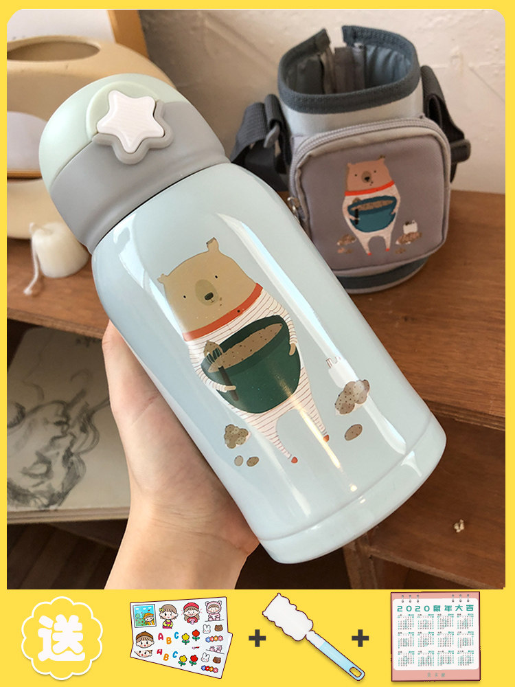 Cute thermos children with straw portable water cup ins baby kettle Male and female students simple cup creativity