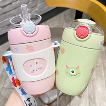 Cute strap stainless steel insulated water cup for childrens school special anti-drop Cup for students with straws accompanying water bottle