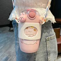 Cute baby drinking water Cup children thermos cup sippy cup high-value student strap portable water cup female ins
